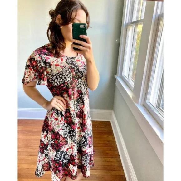 Vintage 90s Floral Rose Ruffle Flutter Cottagecore Chiffon Dress - Picture 5 of 10